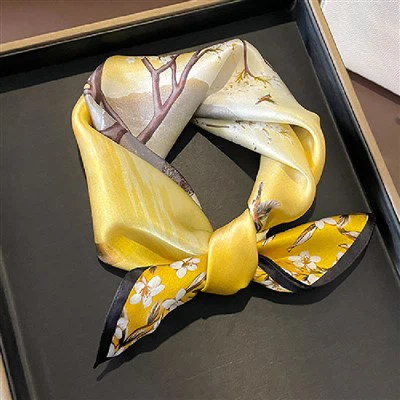 New Big Tree Yellow High-Grade Printed Mulberry Silk Scarf